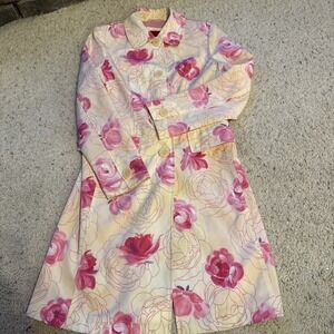 Esprit Women Outerwear Small Yellow Pink Floral Button Front Collar Trench Coat